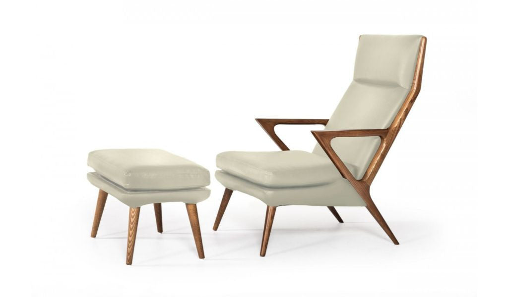 26" Beige And Brown Faux Leather Lounge Chair With Ottoman-0