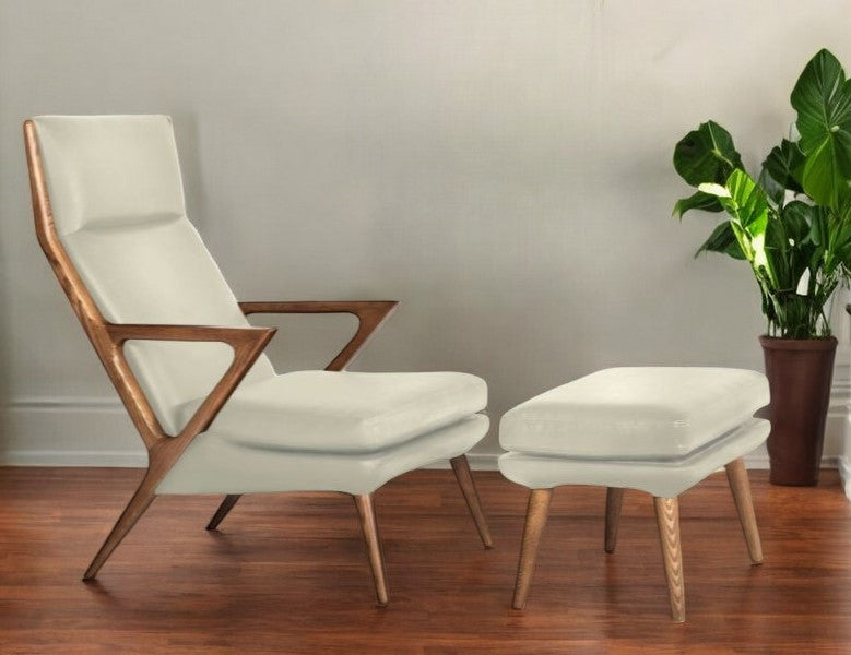 26" Beige And Brown Faux Leather Lounge Chair With Ottoman-1