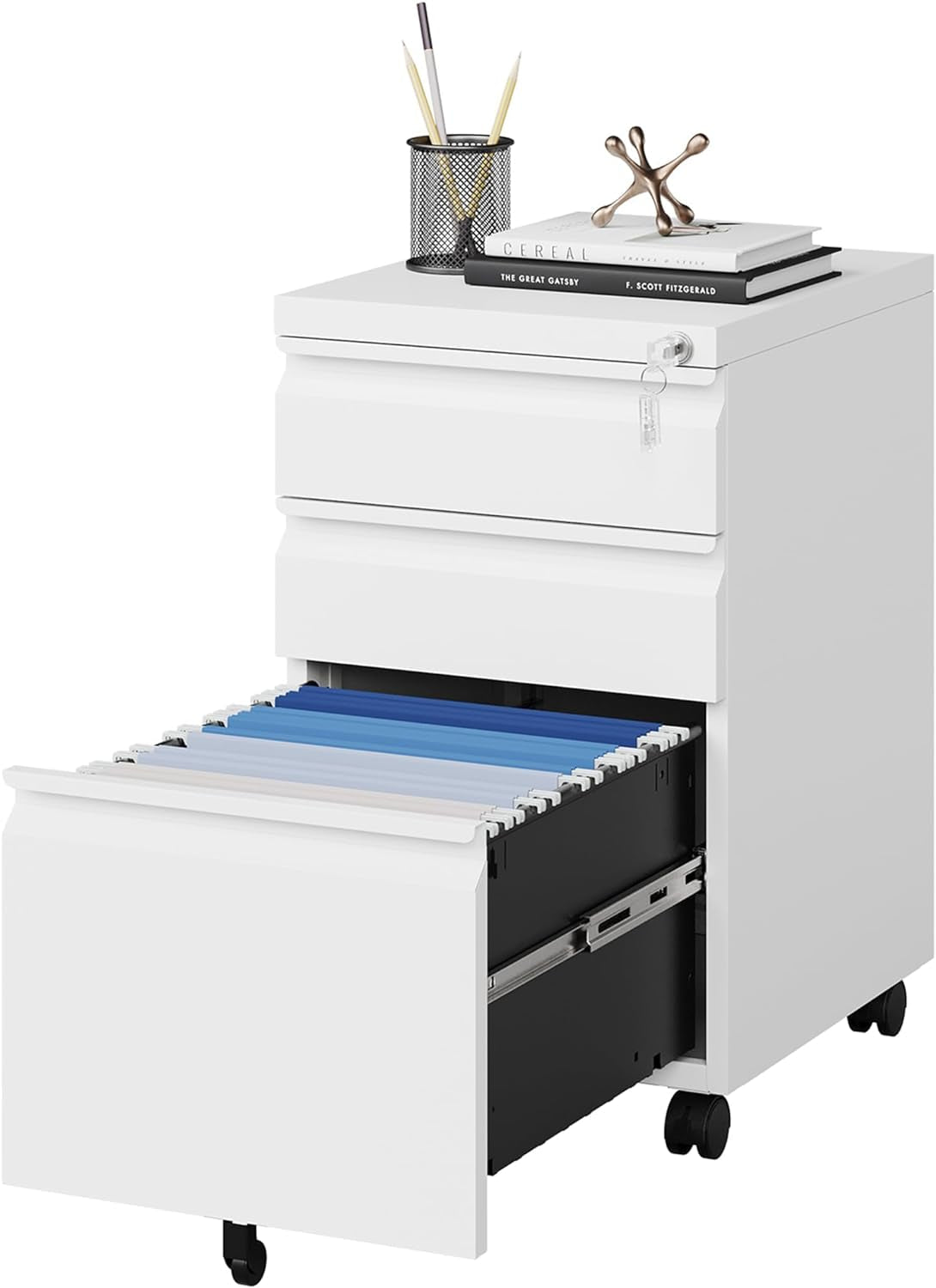 White Filing Cabinet 3 Drawers on Wheels under Desk, Metal Rolling File Cabinet with Lock for Home Office, Small Mobile File Cabinet for Letter Legal File Folders, Un-Assembled