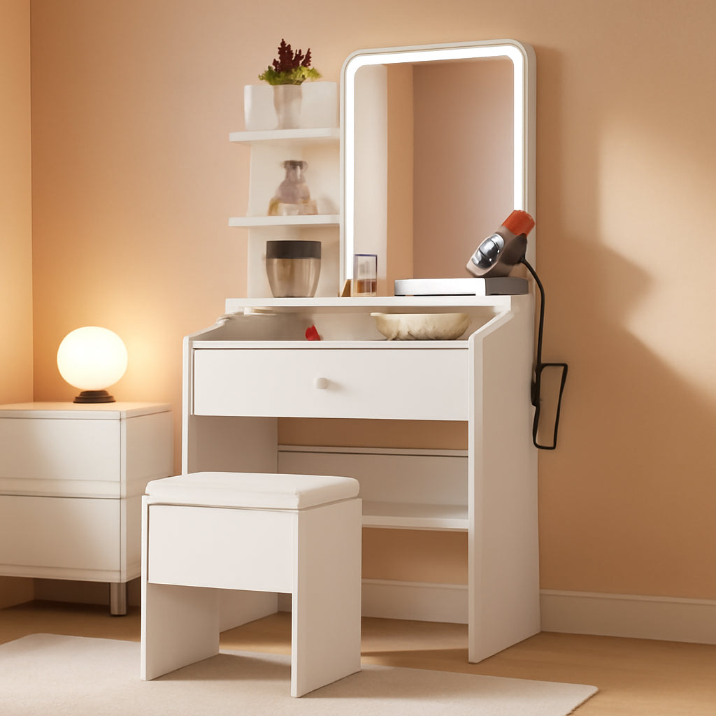 White Small Vanity Set Mirror, Lights, Storage, Chair