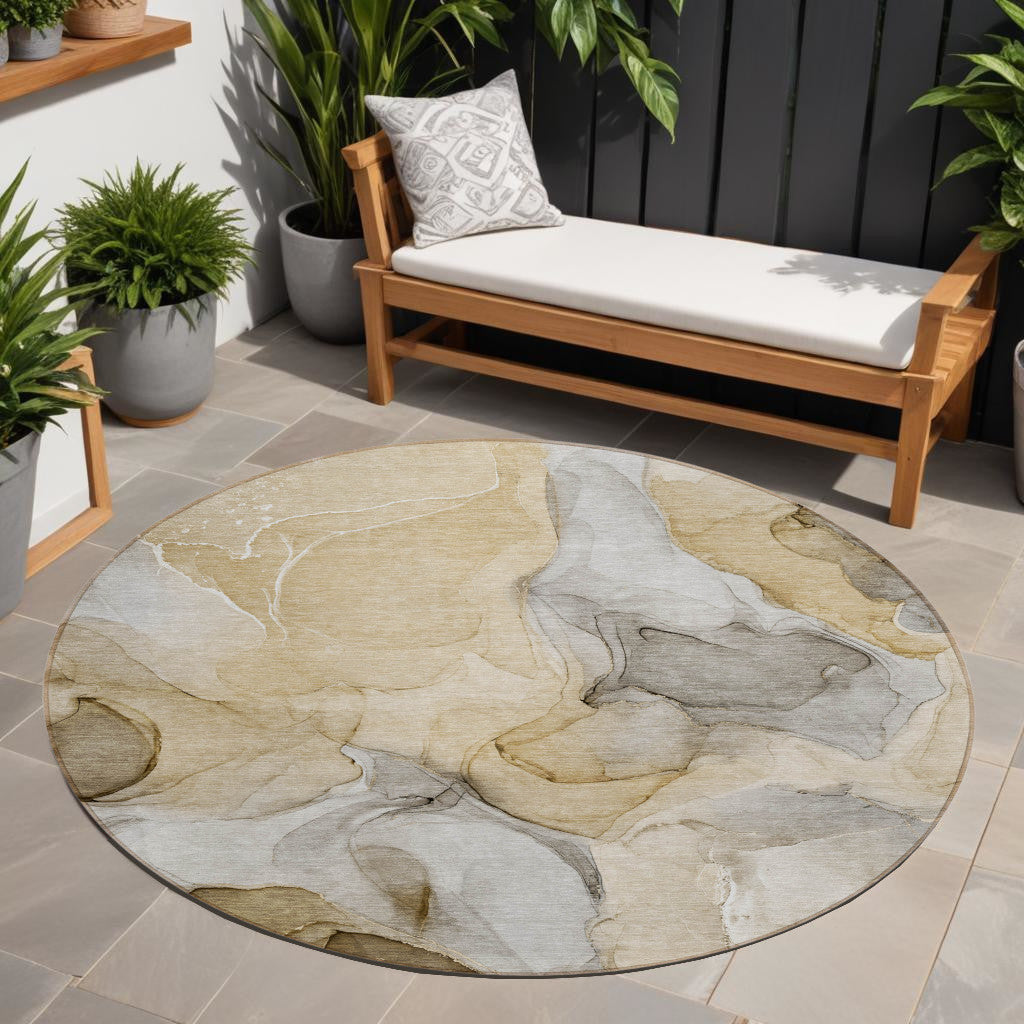 8' Round Brown Round Abstract Washable Non Skid Indoor Outdoor Area Rug-0