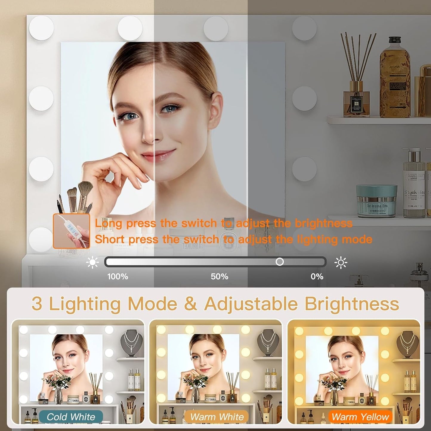 White Vanity Desk Mirror, Lights, Storage, Drawers, Shelves