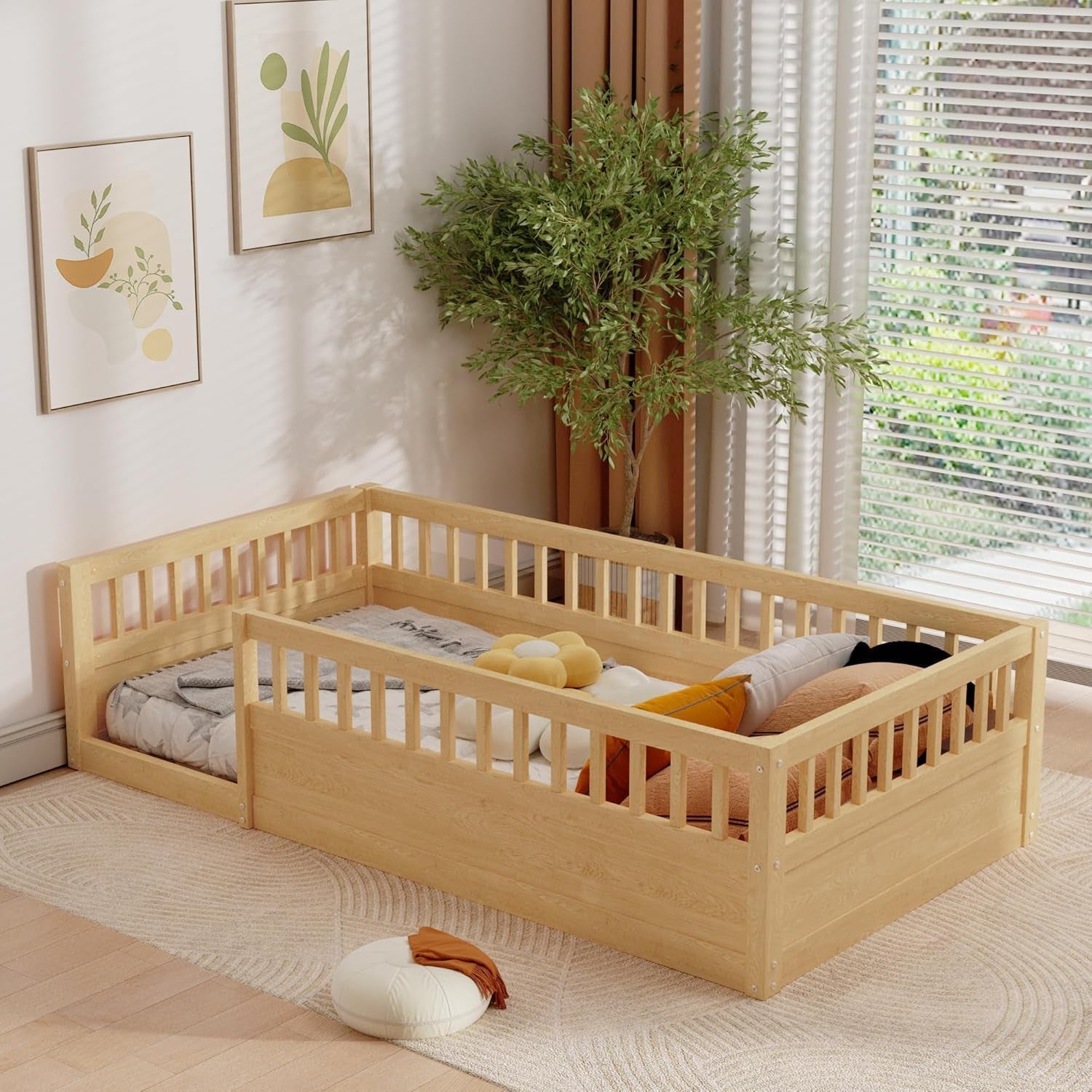 Twin Montessori Floor Bed with High Fence Natural-0