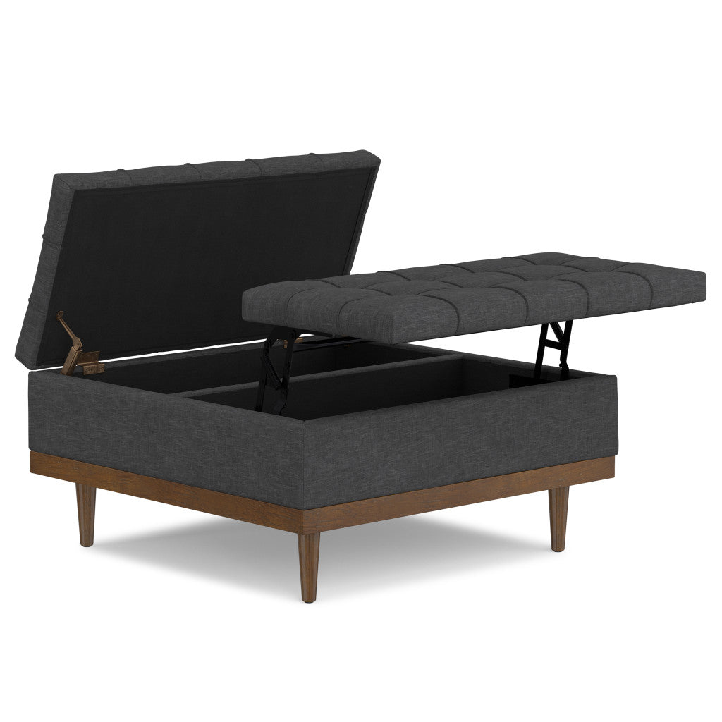 36" Walnut and Slate Gray Upholstery Storage Ottoman