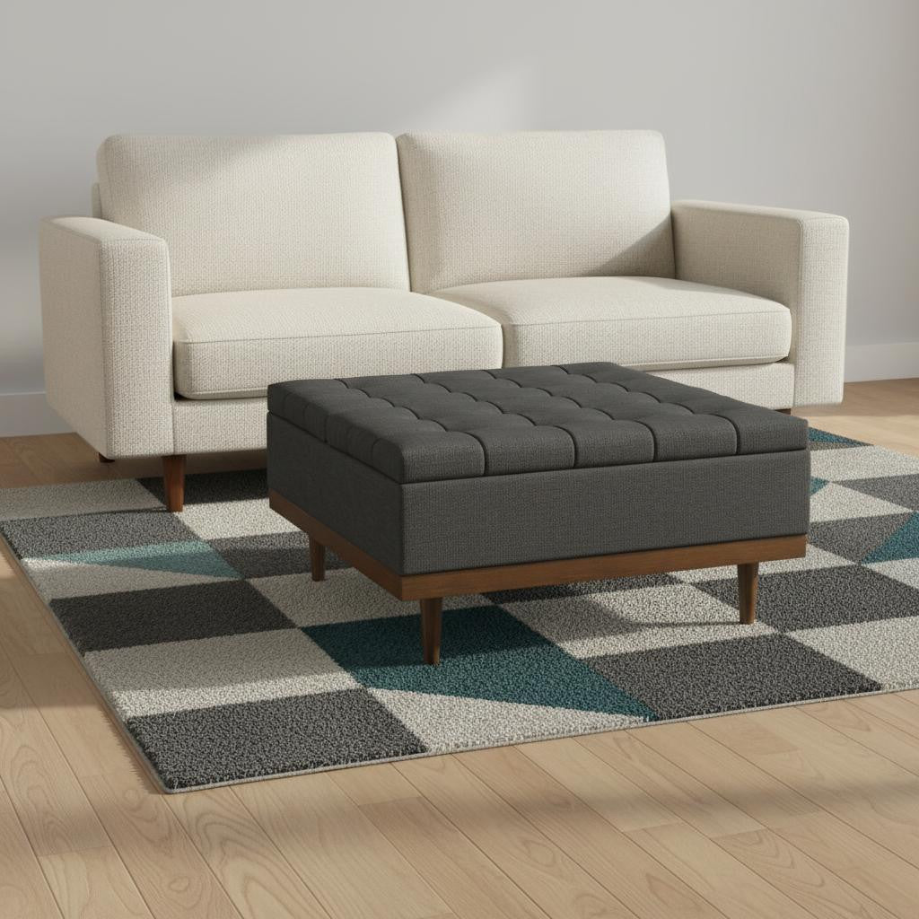 36" Walnut and Slate Gray Upholstery Storage Ottoman