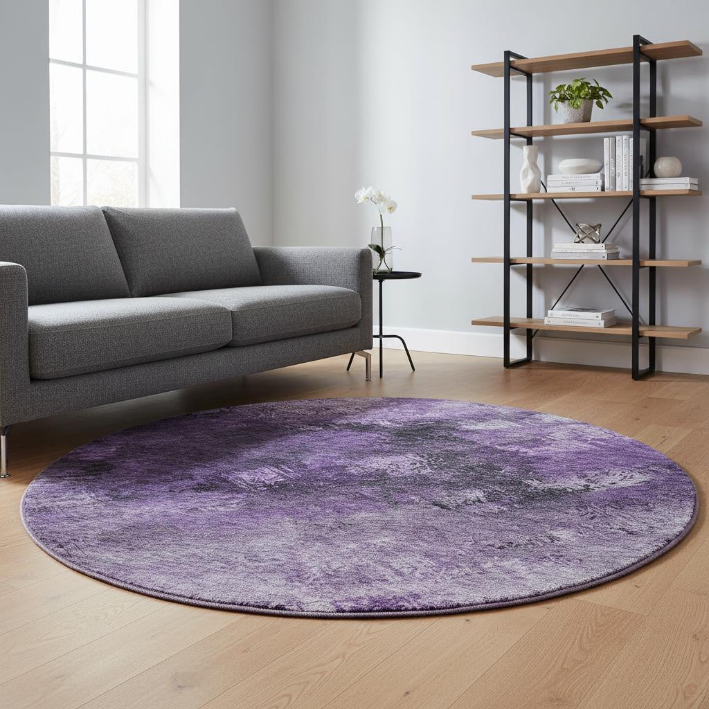 8' Purple Gray And Ivory Abstract Washable Round Rug With UV Protection-0