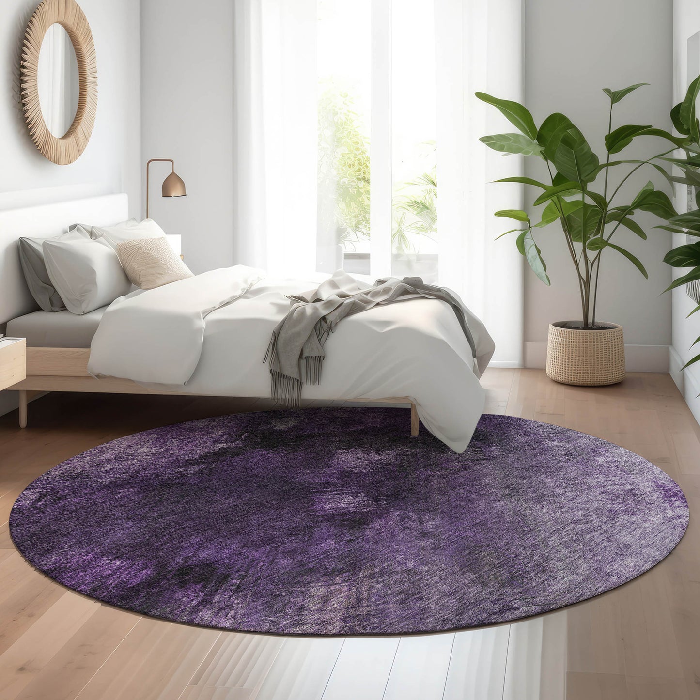 8' Purple Gray And Ivory Abstract Washable Round Rug With UV Protection-5