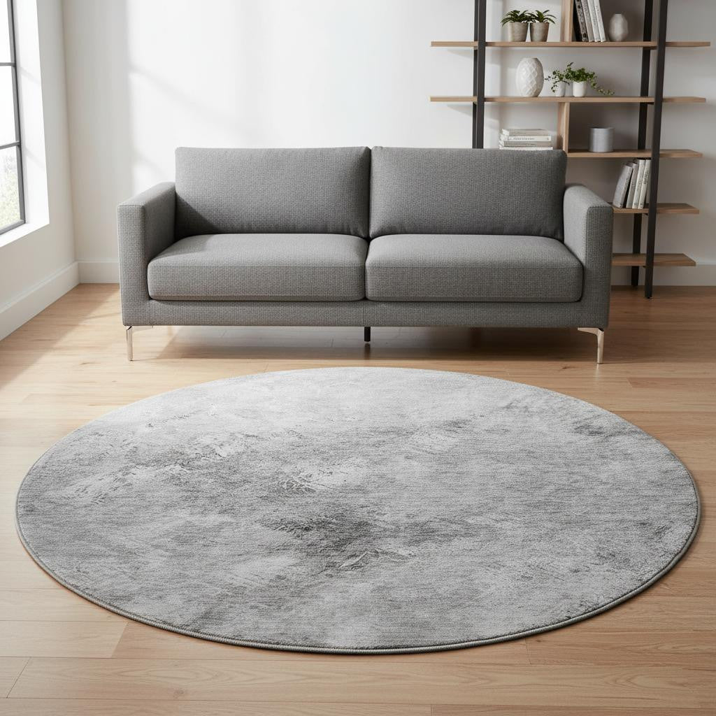 8' Silver And Gray Abstract Washable Round Rug With UV Protection-0
