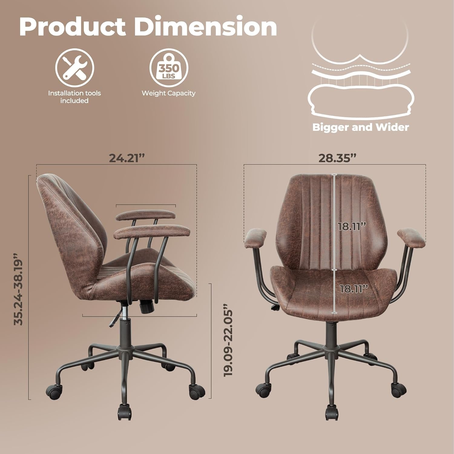 Ergonomic Home Office Chair, Mid-Century Modern Leather Chair, Mid Back Swivel Rolling Executive Chair with Armrest Wheels, Comfy Task Computer Desk Chair (Dark Brown, Suede Leather)-1