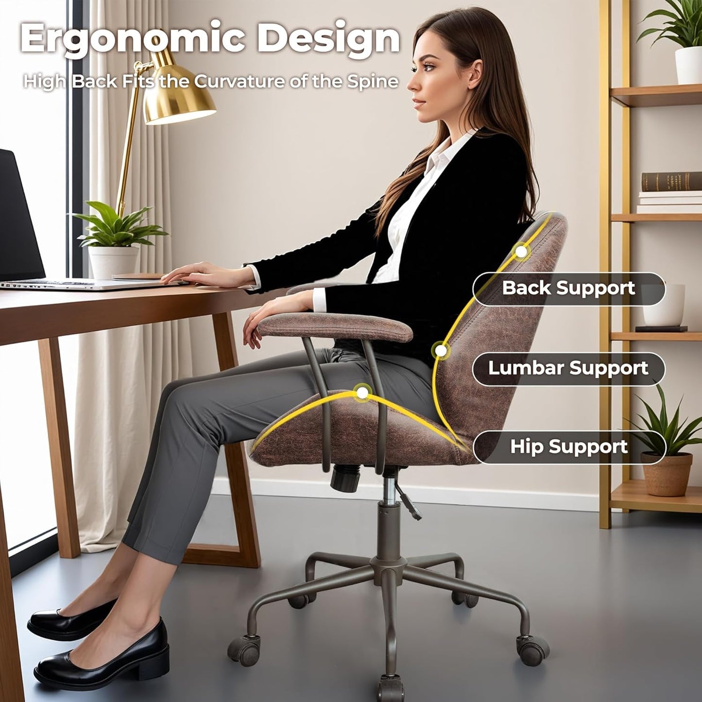 Ergonomic Home Office Chair, Mid-Century Modern Leather Chair, Mid Back Swivel Rolling Executive Chair with Armrest Wheels, Comfy Task Computer Desk Chair (Dark Brown, Suede Leather)-2