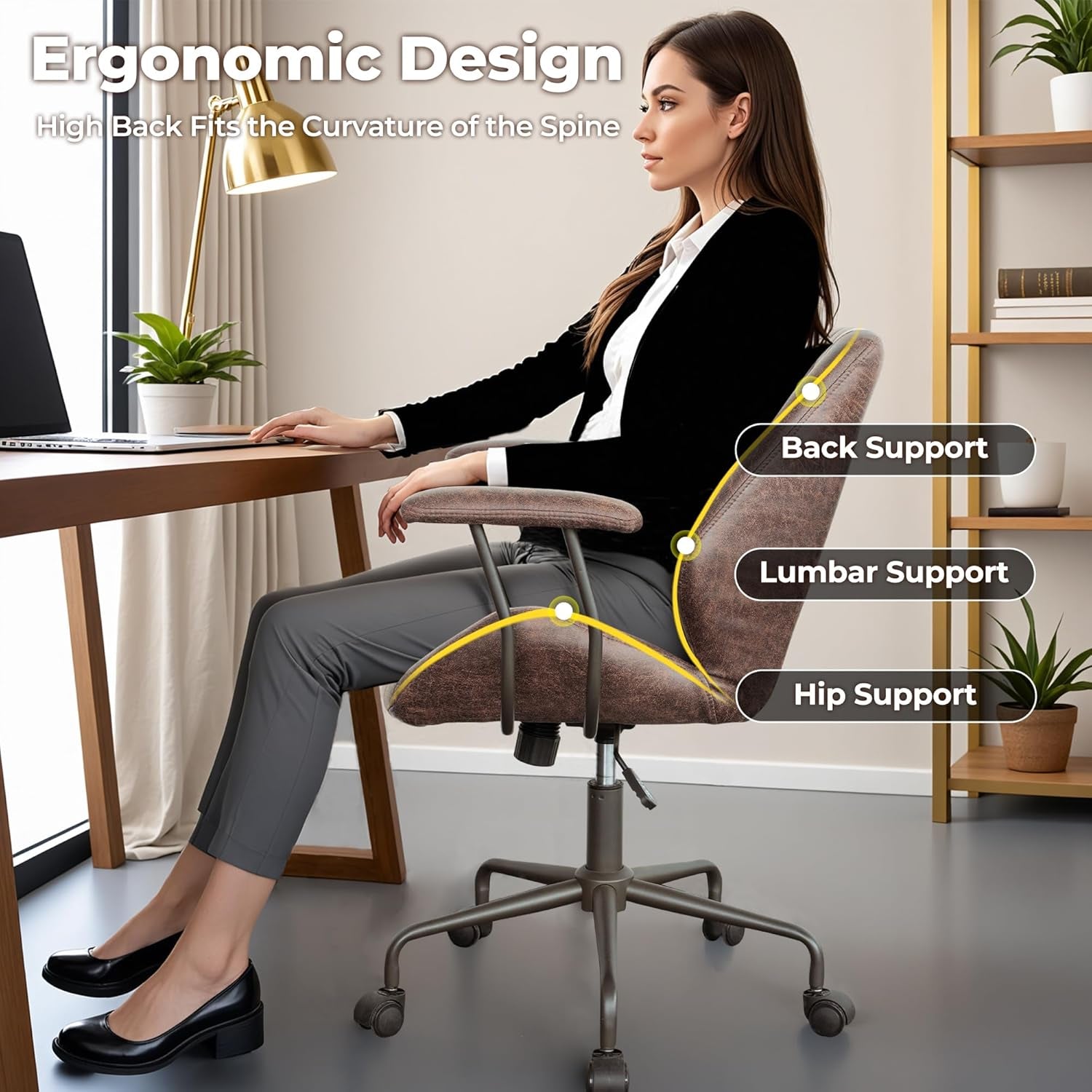 Ergonomic Home Office Chair, Mid-Century Modern Leather Chair, Mid Back Swivel Rolling Executive Chair with Armrest Wheels, Comfy Task Computer Desk Chair (Dark Brown, Suede Leather)-2