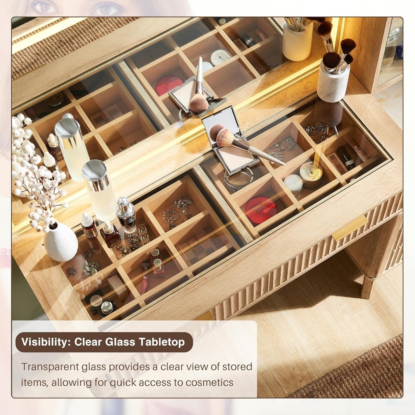 Oak Fluted Vanity Large Mirror, Lights, Drawers, Charge