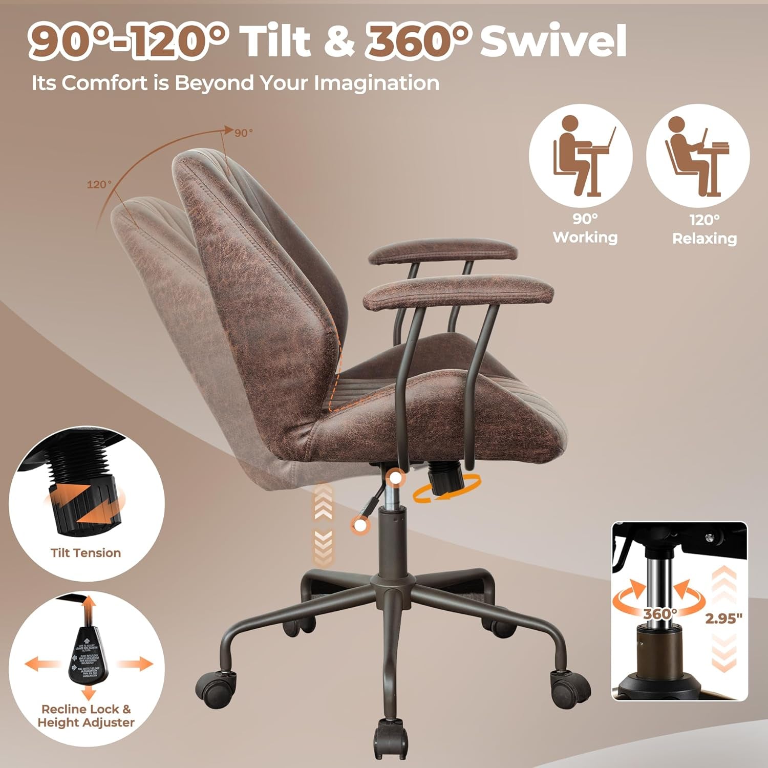 Ergonomic Home Office Chair, Mid-Century Modern Leather Chair, Mid Back Swivel Rolling Executive Chair with Armrest Wheels, Comfy Task Computer Desk Chair (Dark Brown, Suede Leather)-3
