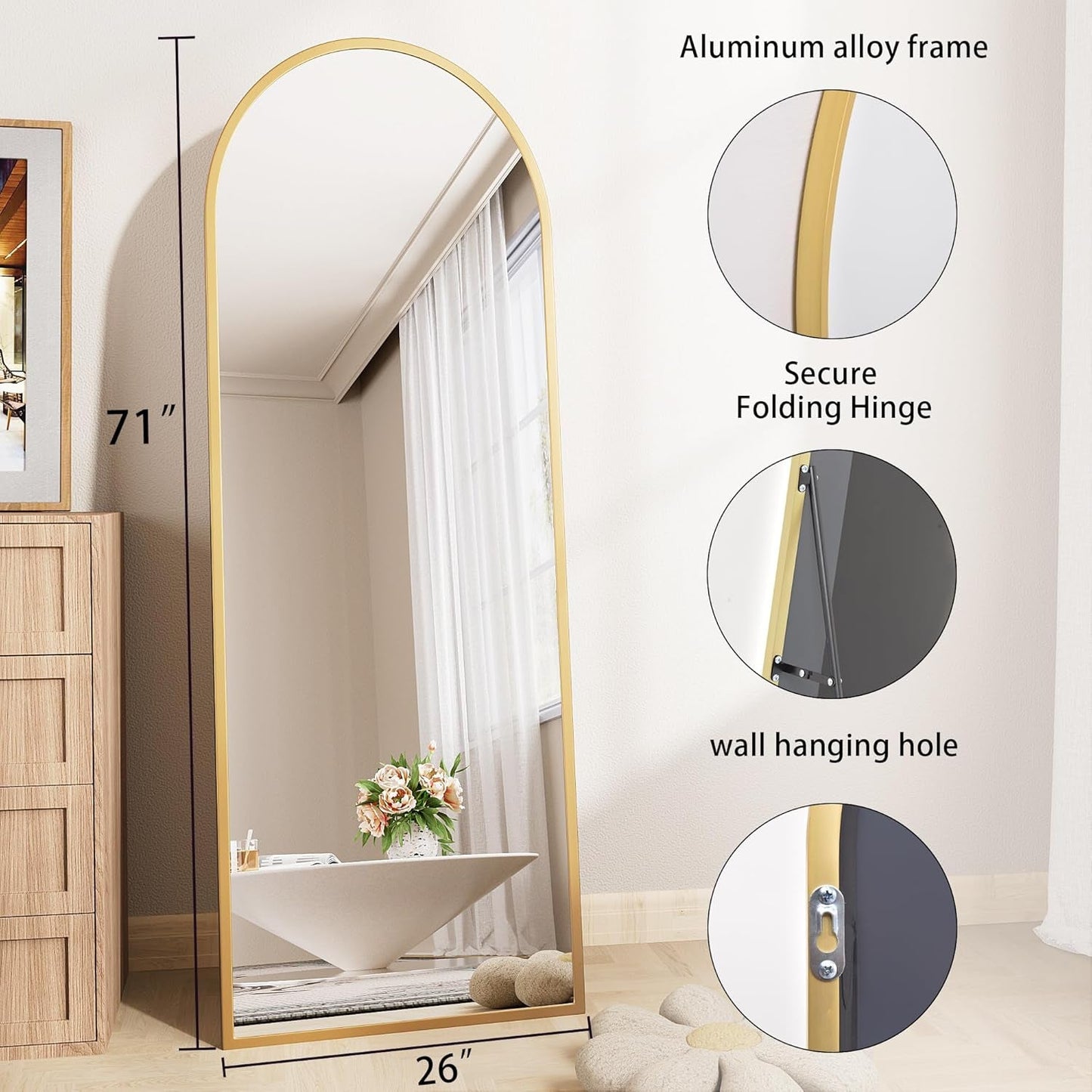 Nanoglass Arch Mirror Full Length,Gold Mirror Full Length 71"X26",Standing Mirror Full Length,Full Body Mirror for Bedroom,Large Mirror(Gold)-3