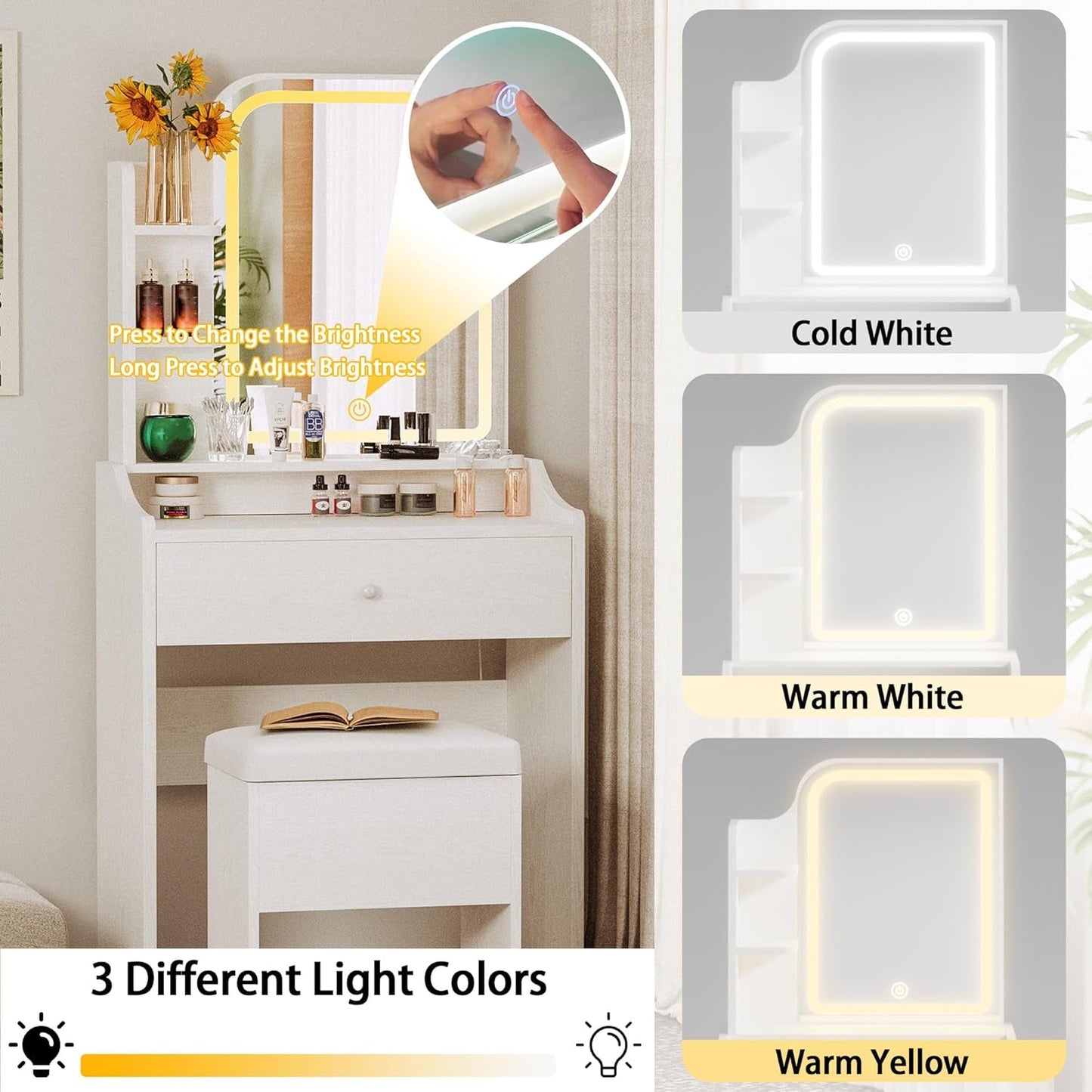 White Small Vanity Set Mirror, Lights, Storage, Chair