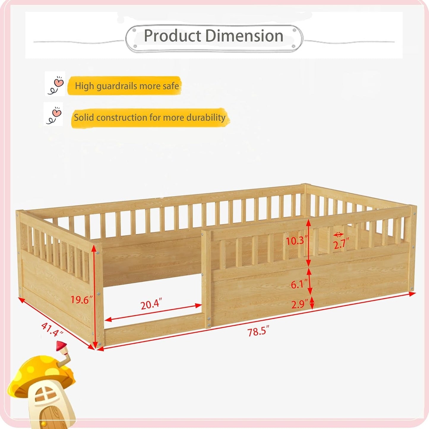 Twin Montessori Floor Bed with High Fence Natural-1