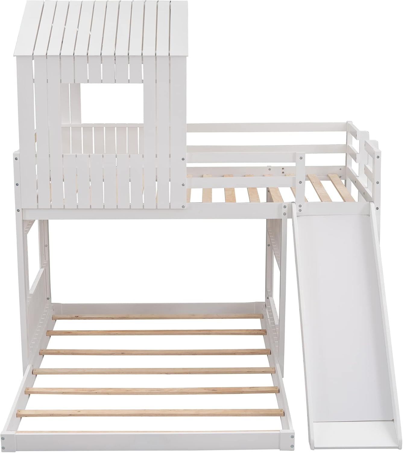 Twin over Full Bunk Bed Frames Loft Bed with Slide, House Roof, Window and Safety Guardrails for Boys or Girls, White