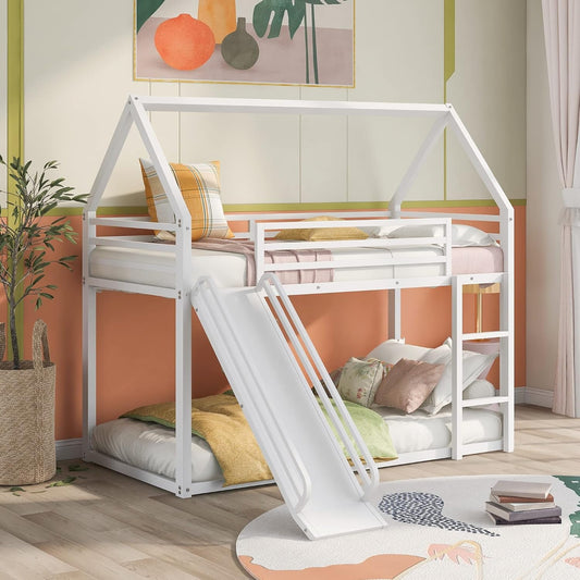 Twin over Twin Metal Floor Bunk Bed with Slide,Metal Junior House Twin Size House Bunk Bed Frame with Ladder & Roof for Boy Girl, No Box Spring Needed,Low Bunk Bed Frame with Convertible Slide
