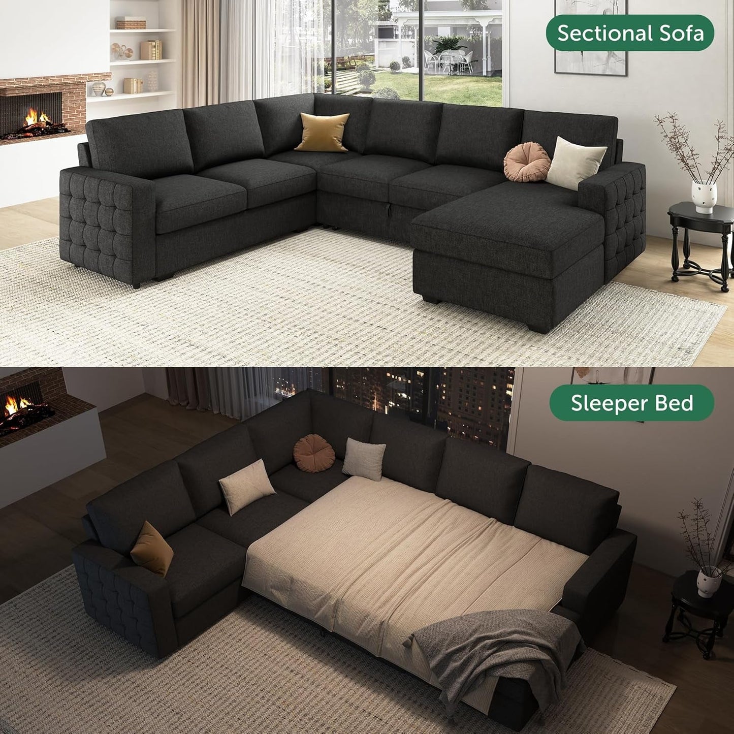 Sectional Sleeper Sofa with Pull Out Bed, Reversible Sectional Sleeper Couch with Storage Chaise U Shape Sectional Sofa, Dark Grey