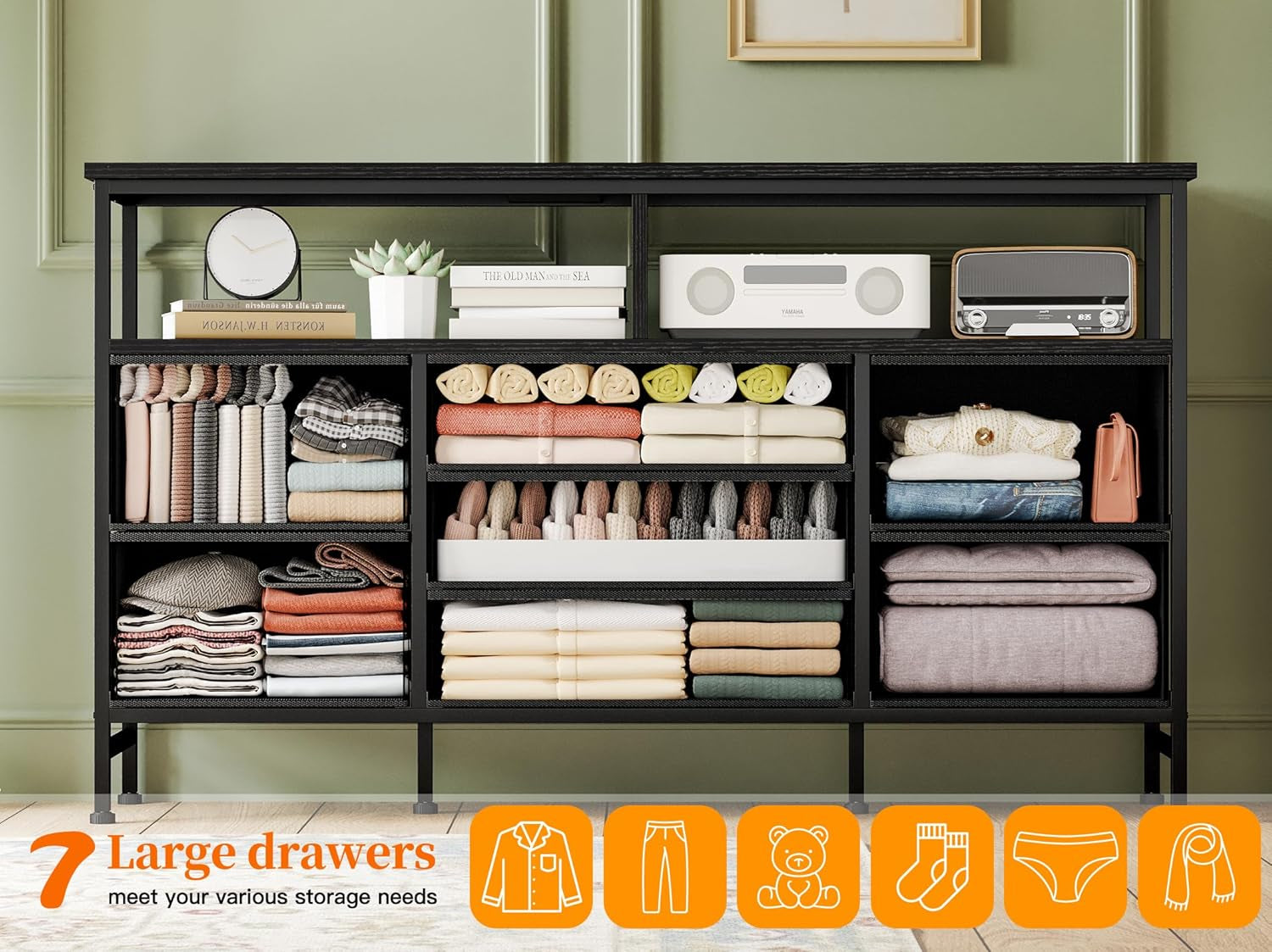 Black Dresser for Bedroom with Power Outlets and LED Lights, 55 Inch Drawer TV Stand with 7 Fabric Drawers, TV Stand for Bedroom up to 65 Inch TV, Chests of Drawers for Bedroom Black-3