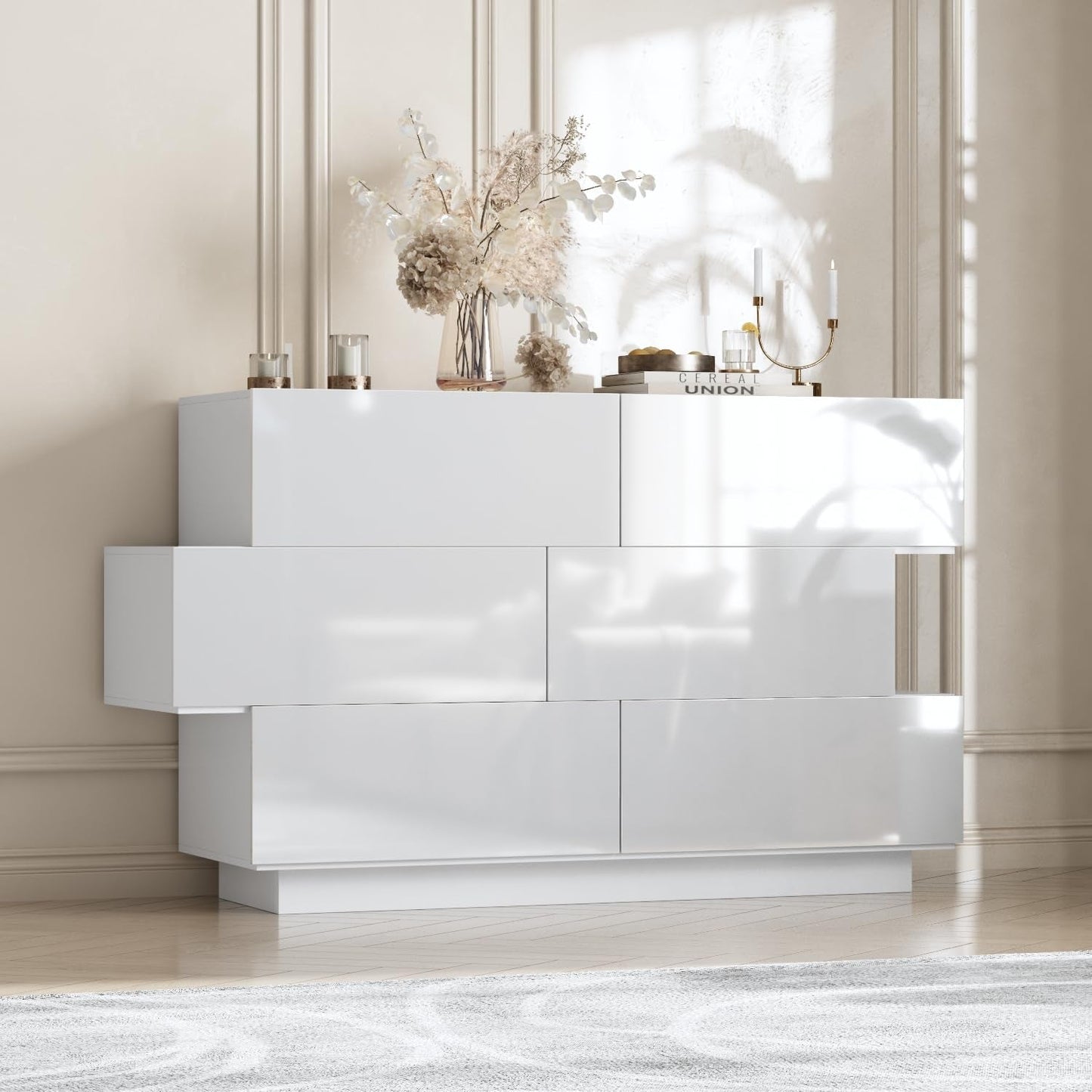 White Drawer Dresser for Bedroom, Modern High Gloss Dresser with 6 Drawers, Double Dresser Storage Chest of Drawer with Asymmetrical Design for Bedroom, Living Room, Entryway-0