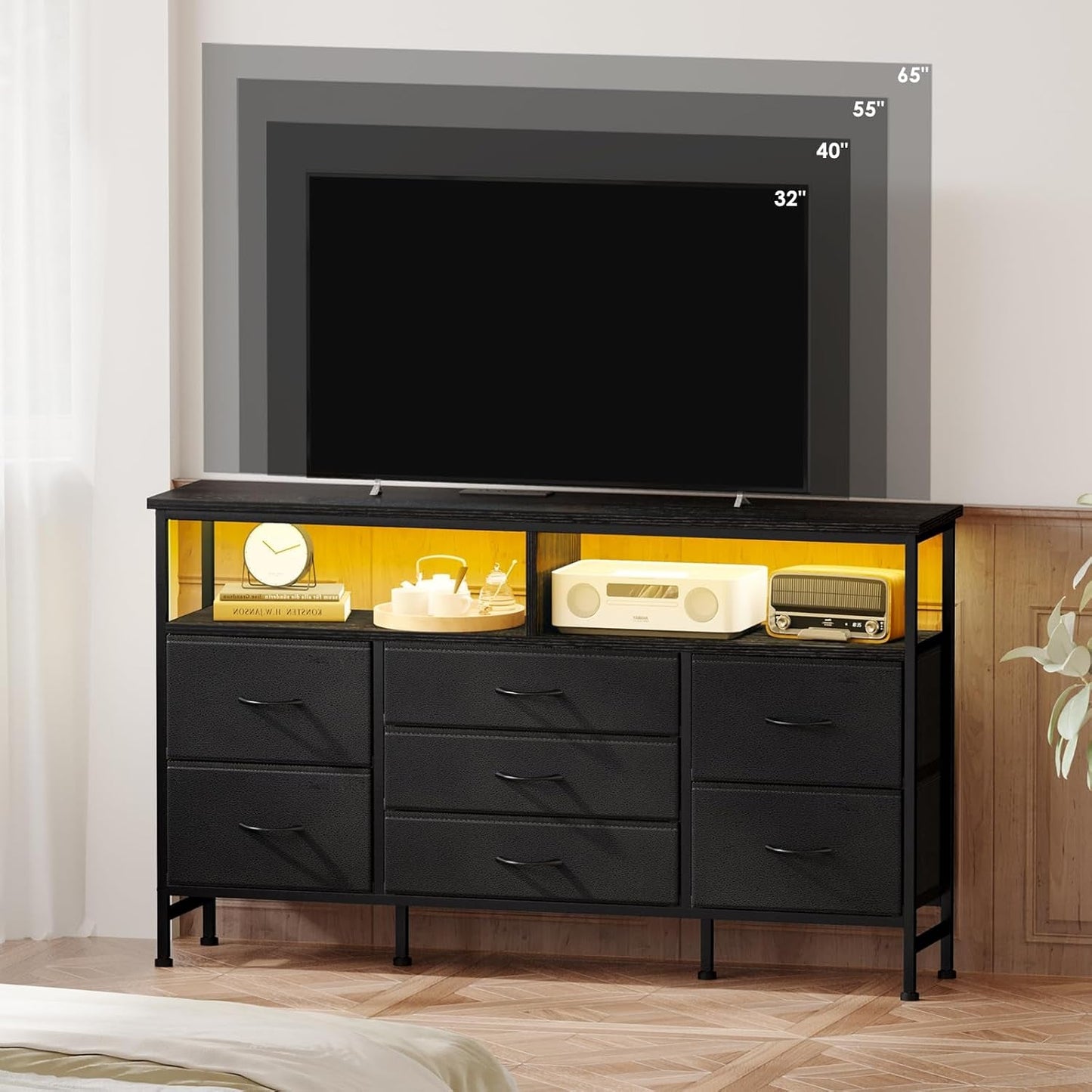 Black Dresser for Bedroom with Power Outlets and LED Lights, 55 Inch Drawer TV Stand with 7 Fabric Drawers, TV Stand for Bedroom up to 65 Inch TV, Chests of Drawers for Bedroom Black-1