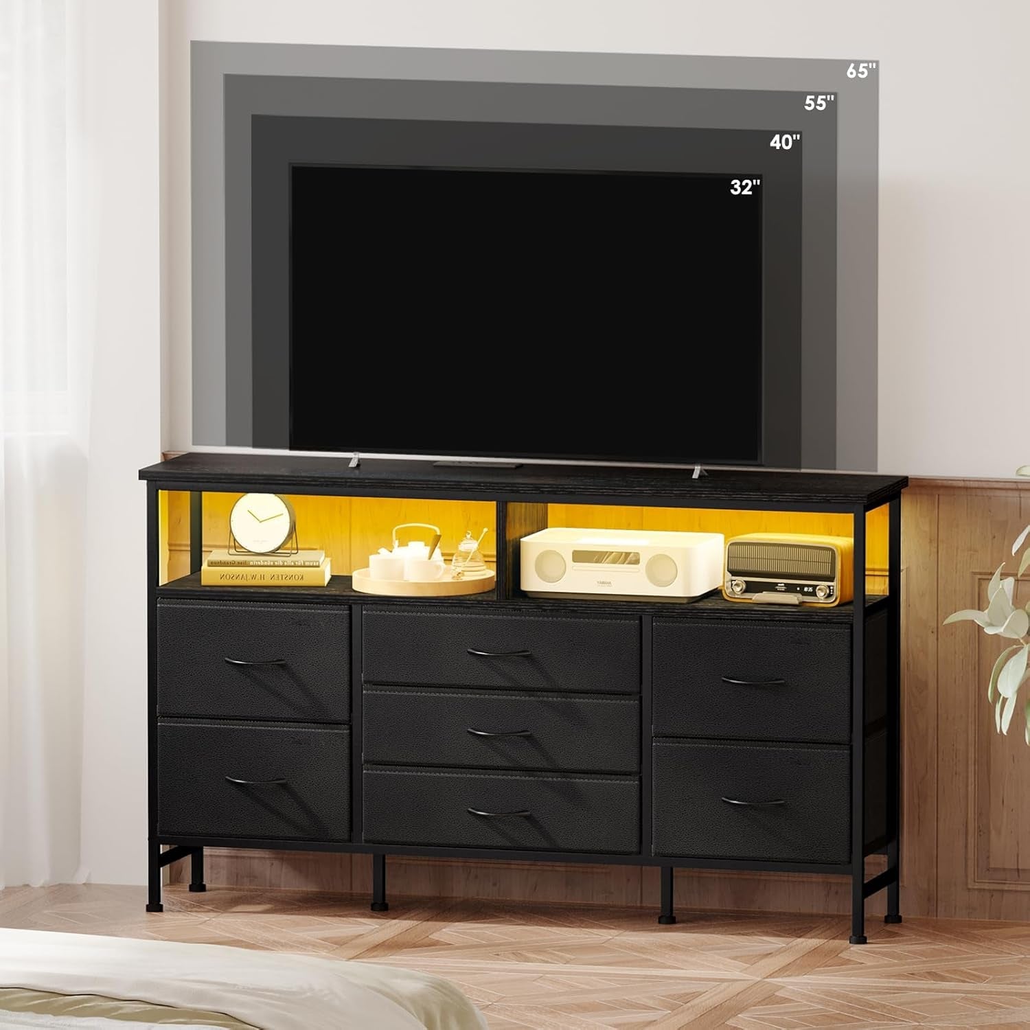 Black Dresser for Bedroom with Power Outlets and LED Lights, 55 Inch Drawer TV Stand with 7 Fabric Drawers, TV Stand for Bedroom up to 65 Inch TV, Chests of Drawers for Bedroom Black-1