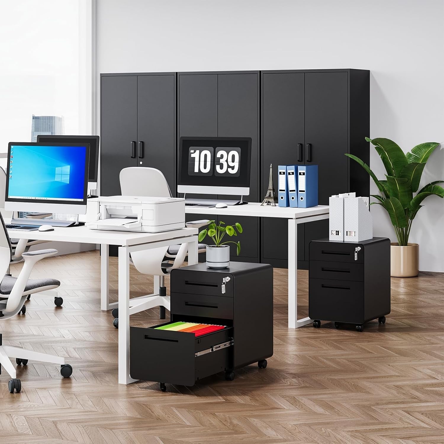 Mobile Filing Cabinet 3 Drawer, Rolling Small File Cabinet with Keys under Desk, Modern Black Filing Cabinet for Home Office with Anti-Tilt Wheels, A4/Letter/Legal Hanging File Drawers-1