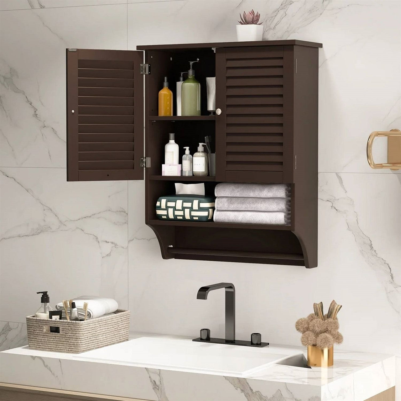Brown Wall-Mounted Bathroom Medicine Cabinet with Louver Doors and Towel Bar-1