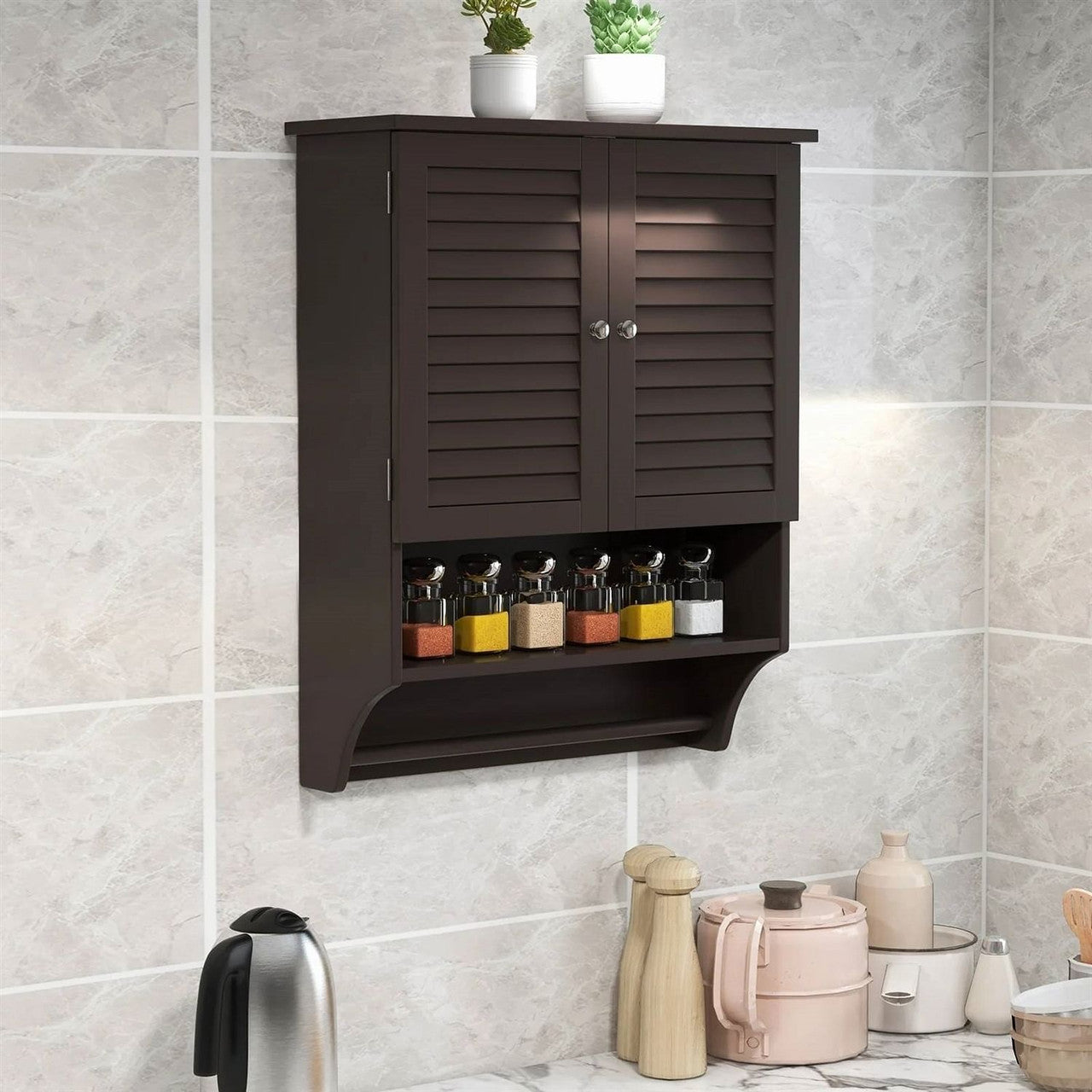 Brown Wall-Mounted Bathroom Medicine Cabinet with Louver Doors and Towel Bar-0