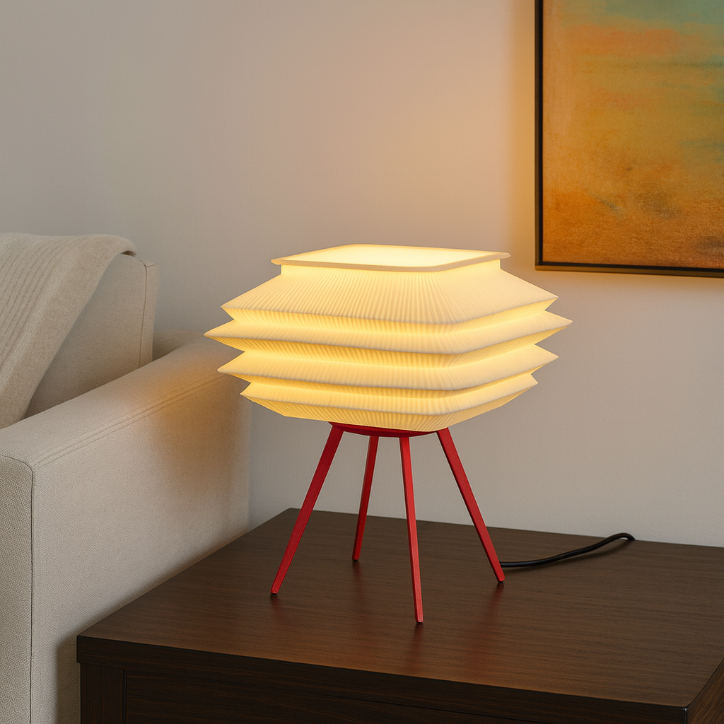 Modern Pleated Table Lamp – 3D Printed LED Desk Light with Red Tripod Base-4