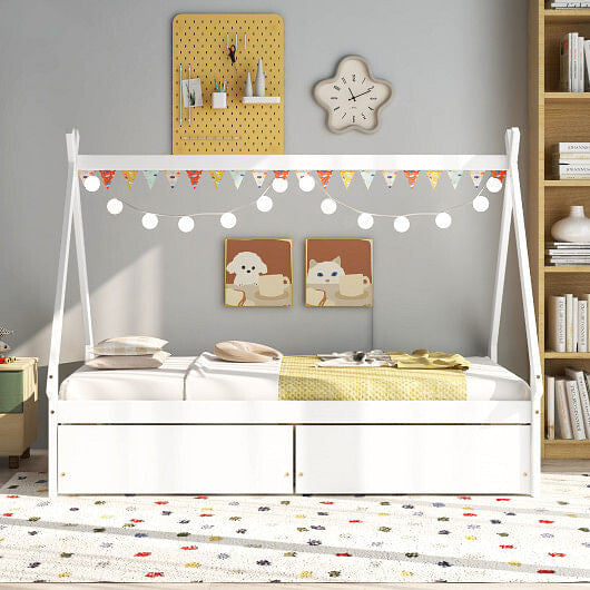 Twin Size Wooden Tent Platform House Bed with 2 Drawers-Gray