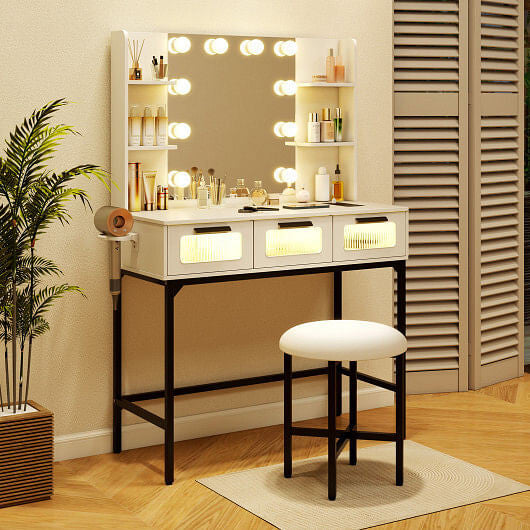 Bedroom Makeup Vanity Desk with Hollywood Mirror and Lights-White-0