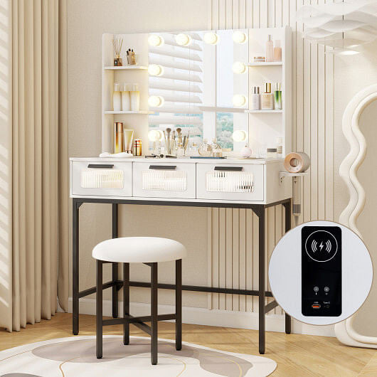 Bedroom Makeup Vanity Desk with Hollywood Mirror and Lights-White-1