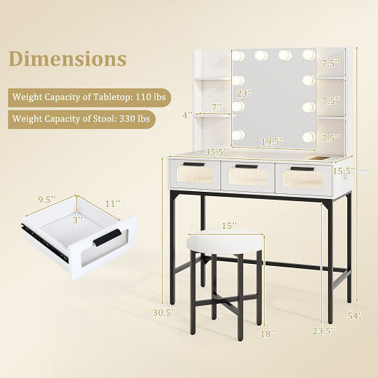 Bedroom Makeup Vanity Desk with Hollywood Mirror and Lights-White-2
