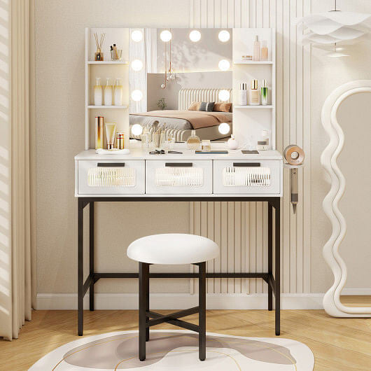Bedroom Makeup Vanity Desk with Hollywood Mirror and Lights-White-3