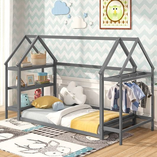 Twin Size Montessori Floor House Bed with Detachable Storage Shelves-Grey