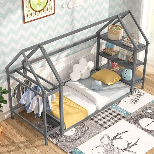 Twin Size Montessori Floor House Bed with Detachable Storage Shelves-Grey
