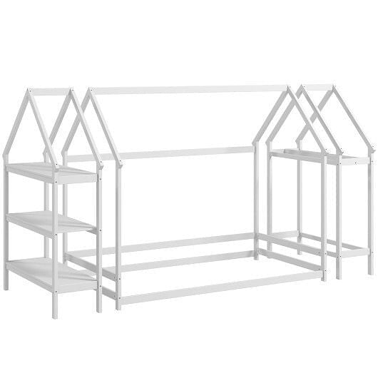 Twin Size Montessori Floor House Bed with Detachable Storage Shelves-Grey
