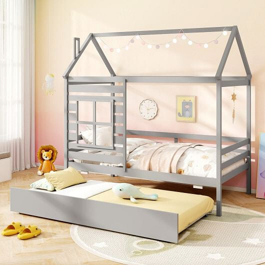 Twin Size Wooden Platform House Bed with Trundle and Roof-Grey