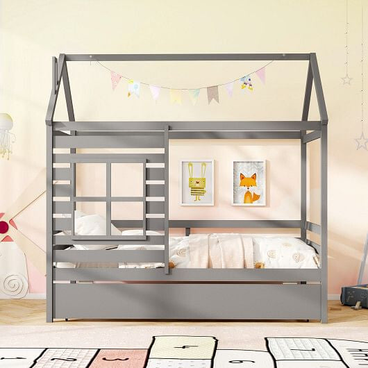 Twin Size Wooden Platform House Bed with Trundle and Roof-Grey