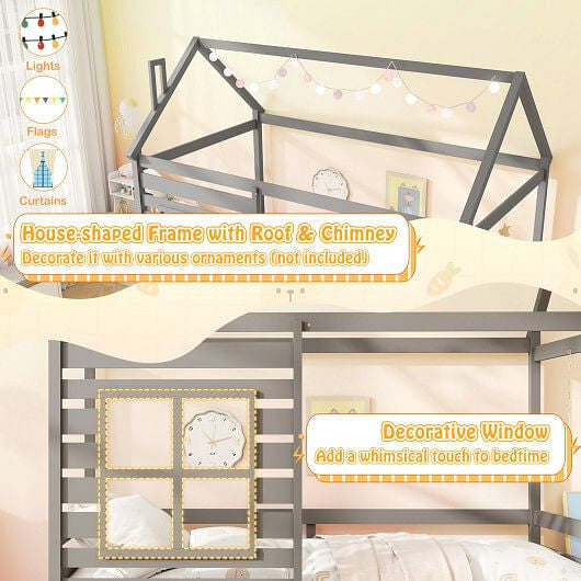 Twin Size Wooden Platform House Bed with Trundle and Roof-Grey