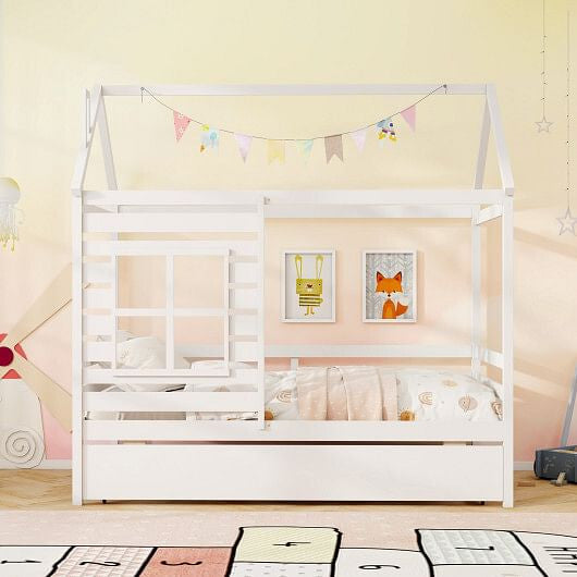 Twin Size Wooden Platform House Bed with Trundle and Roof-Grey