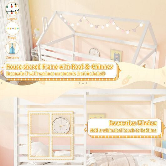 Twin Size Wooden Platform House Bed with Trundle and Roof-Grey