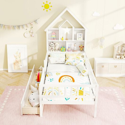 Twin Size House Bed Kids Montessori Bed with House-Shaped Storage Headboard-White-1