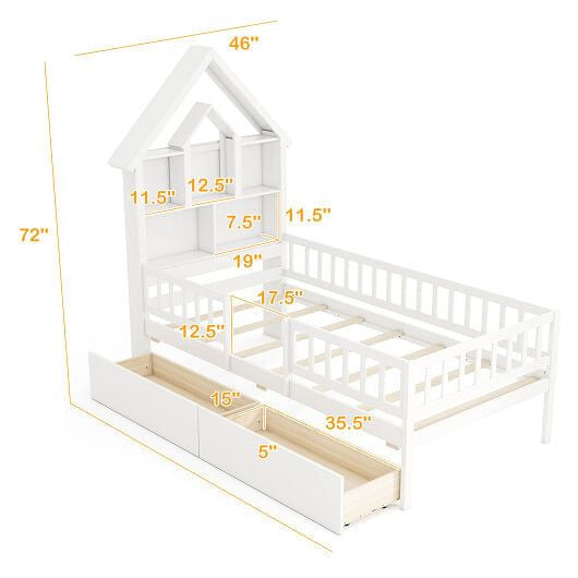 Twin Size House Bed Kids Montessori Bed with House-Shaped Storage Headboard-White-2