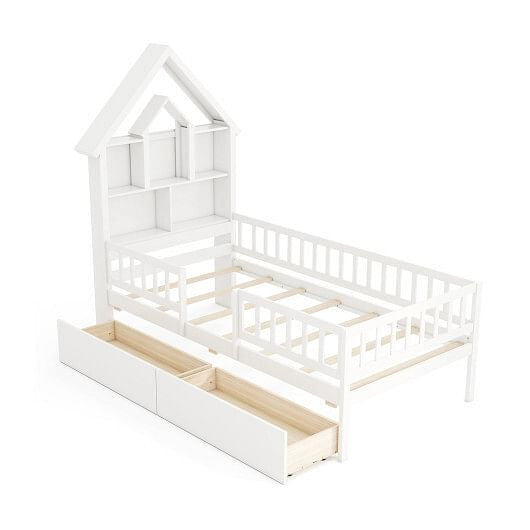 Twin Size House Bed Kids Montessori Bed with House-Shaped Storage Headboard-White-4