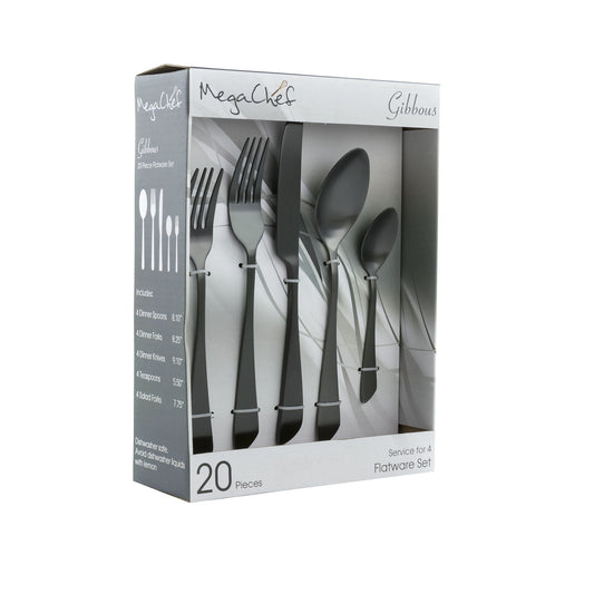 MegaChef Gibbous 20 Piece Flatware Utensil Set, Stainless Steel Silverware Metal Service for 4 in B-0