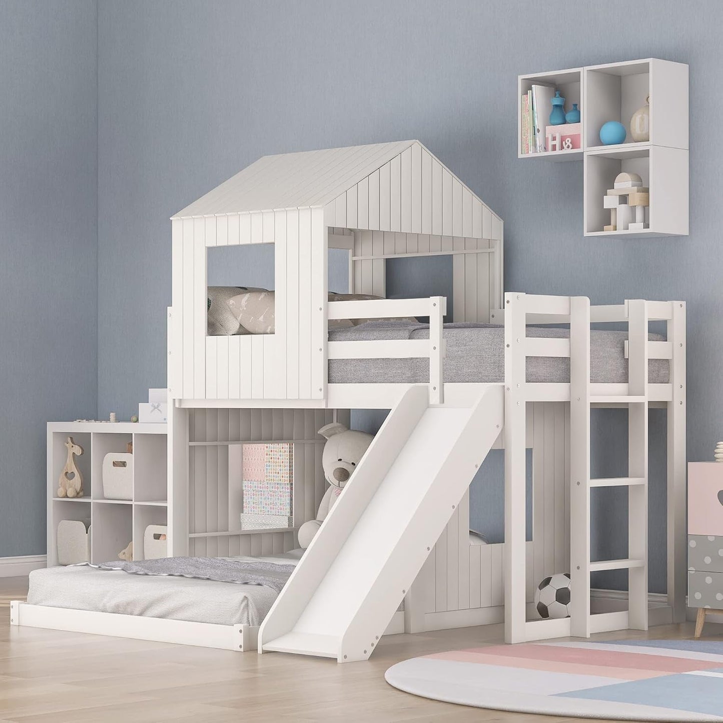 Twin over Full Bunk Bed Frames Loft Bed with Slide, House Roof, Window and Safety Guardrails for Boys or Girls, White