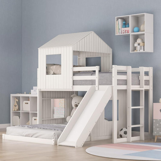 Twin over Full Bunk Bed Frames Loft Bed with Slide, House Roof, Window and Safety Guardrails for Boys or Girls, White